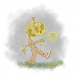 "Pumpkin Kid didn't notice the rain. He could only see the light of that beautiful, blinking bug... "